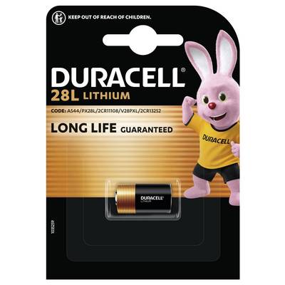 Emballage d'une pile Duracell Lithium 28L avec une mascotte de lapin rouge. Texte : 'Tenir hors de portée des enfants.'