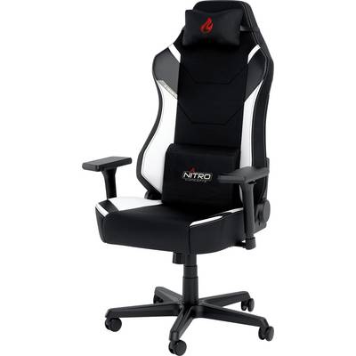 Chaise gaming noire avec accent blanc, accoudoirs réglables, coussin de tête et de support lombaire, montée sur roulettes et portant le logo 'Nitro'.