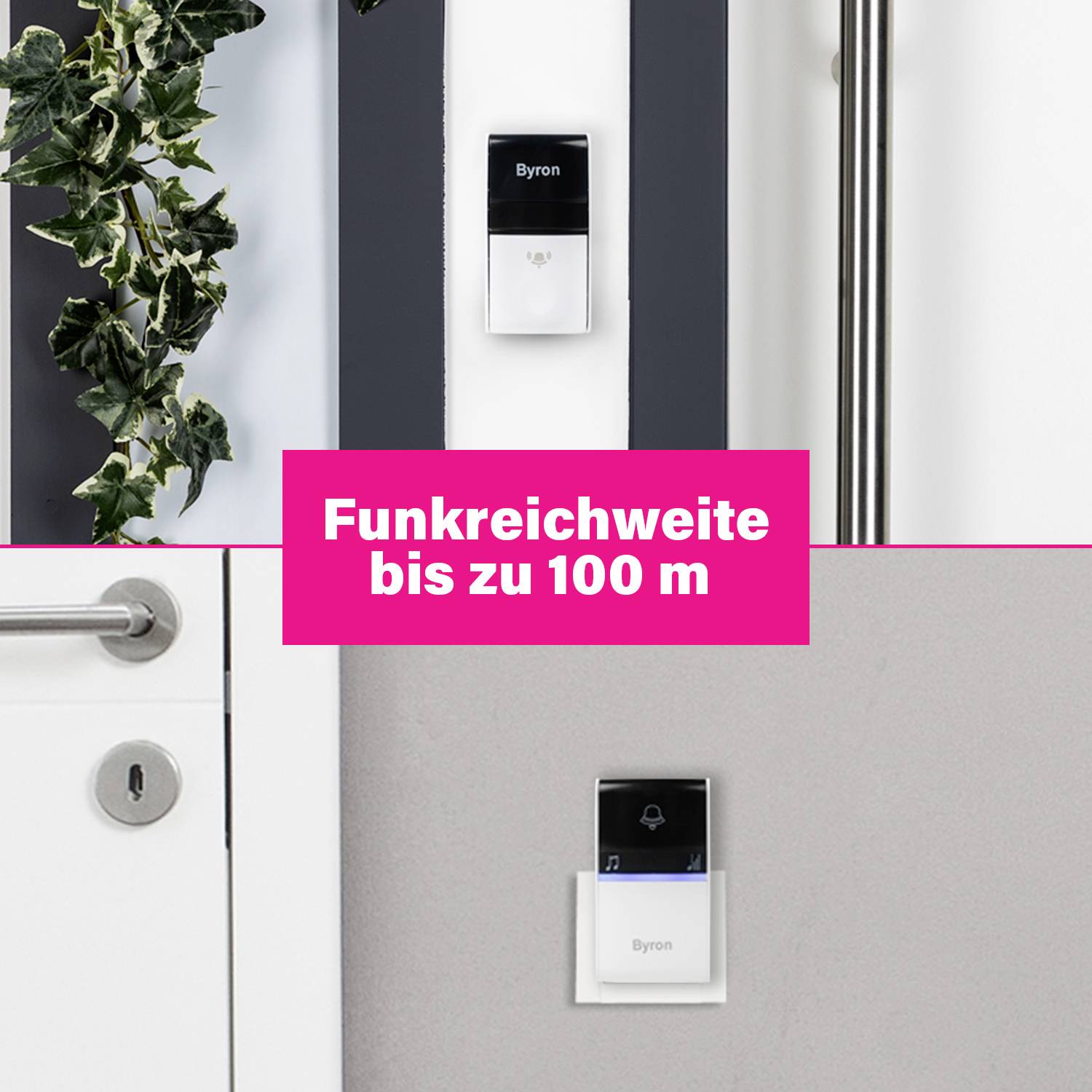 Portée de transmission jusqu'à 100 m. illustre une sonnette avec récepteur. À gauche, une porte avec serrure, à droite des plantes grimpantes.