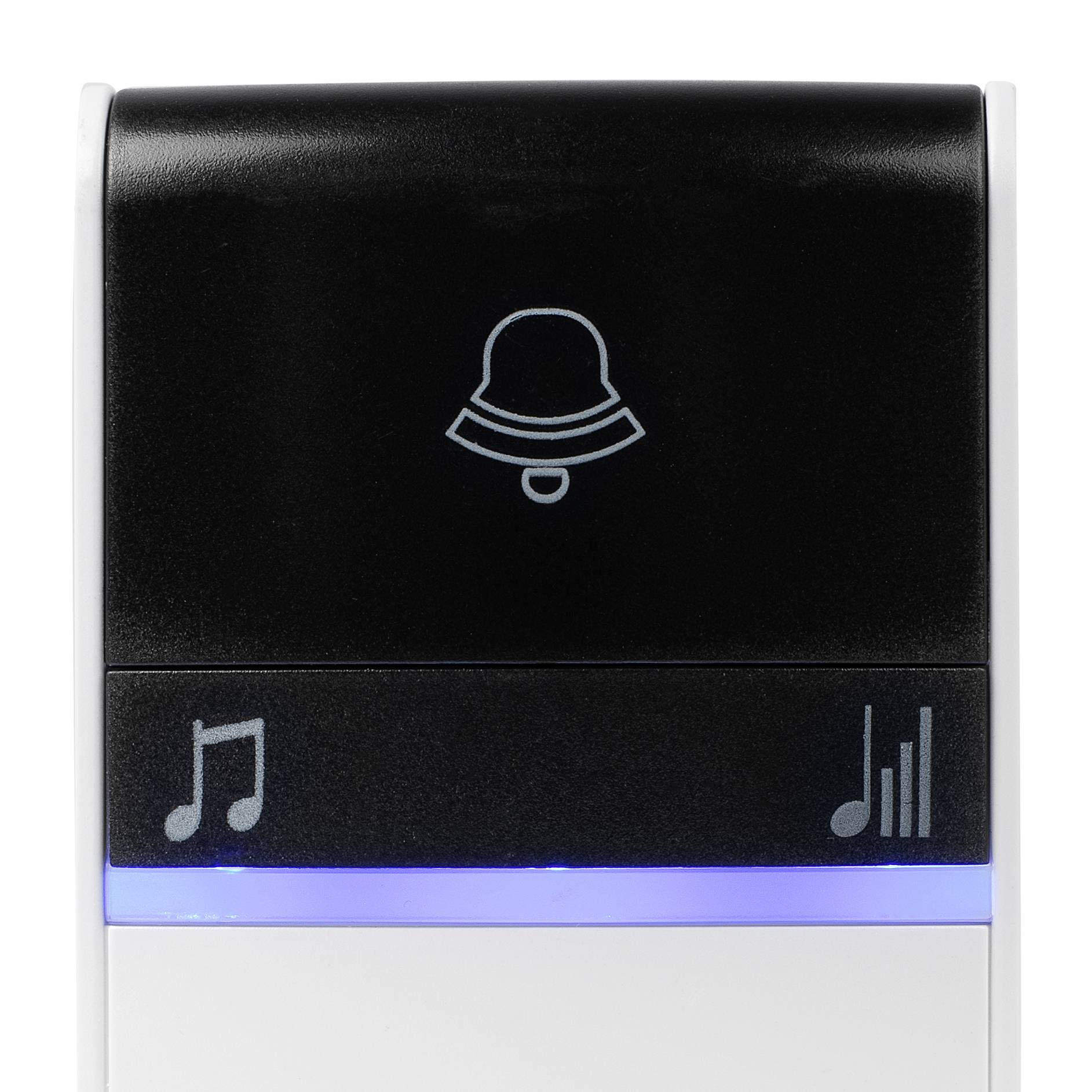 Bouton de sonnette avec un symbole de cloche en haut, un symbole de note de musique à gauche et des ondes sonores à droite, avec un éclairage bleu à la base.