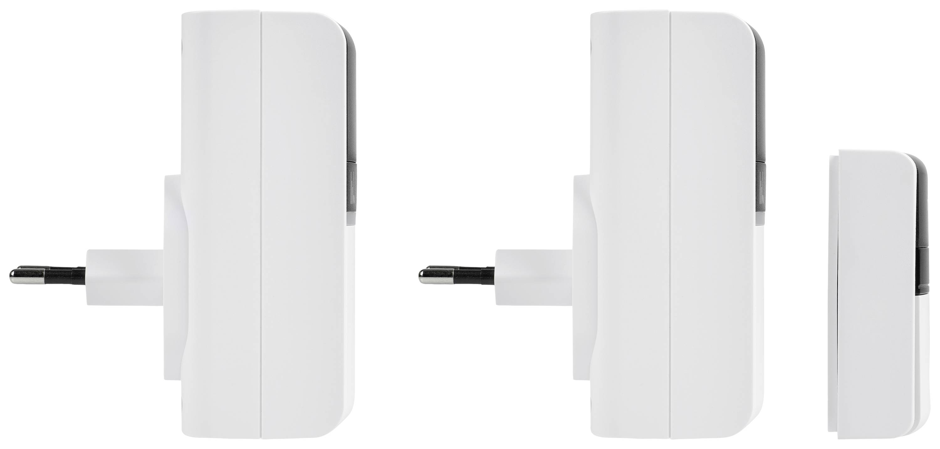 Vue latérale d'une prise blanche et d'un récepteur sans fil. Les deux appareils sont conçus pour la connexion électrique.