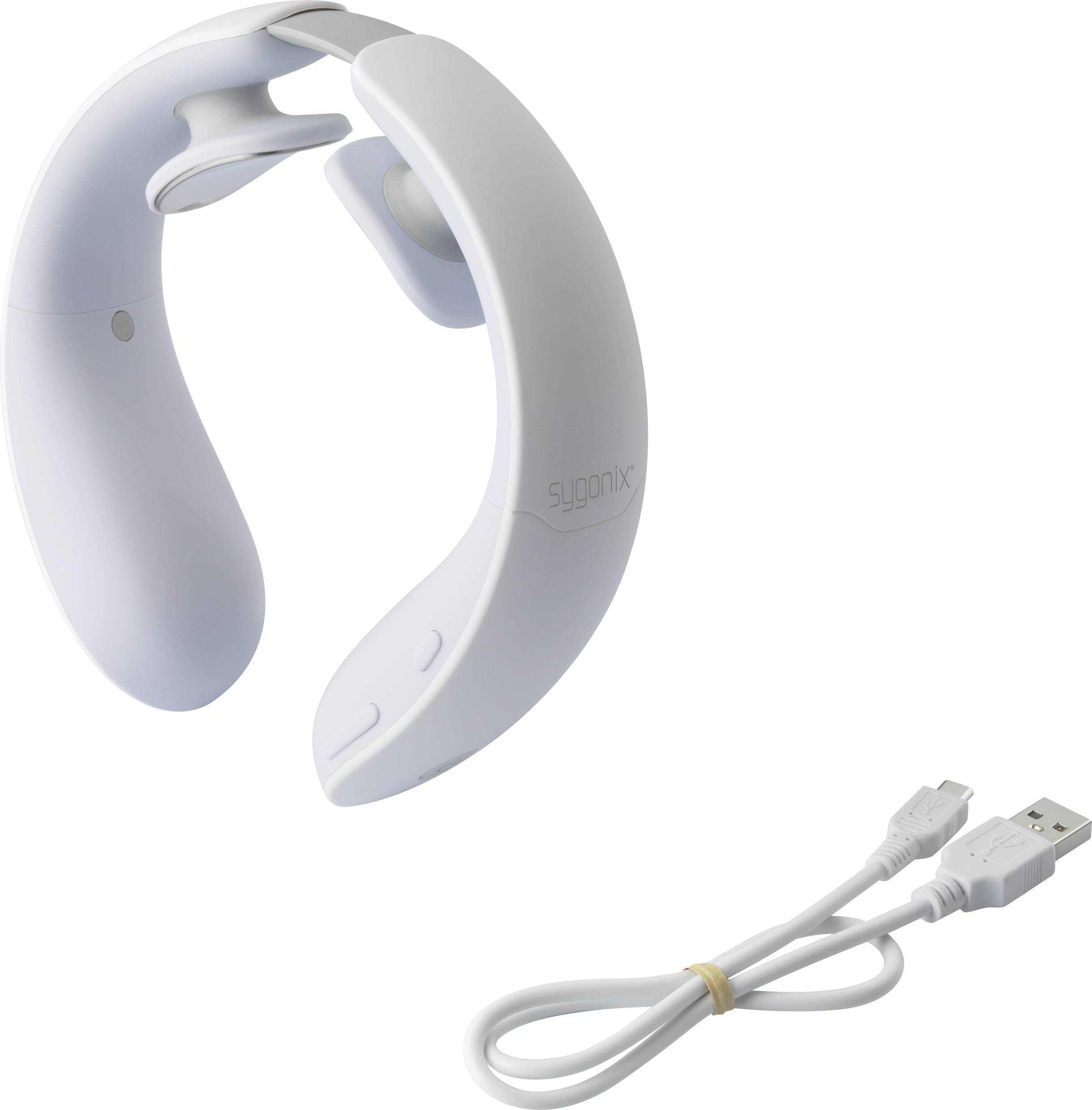 Appareil de massage cervical blanc et incurvé en plastique, livré avec un câble USB.