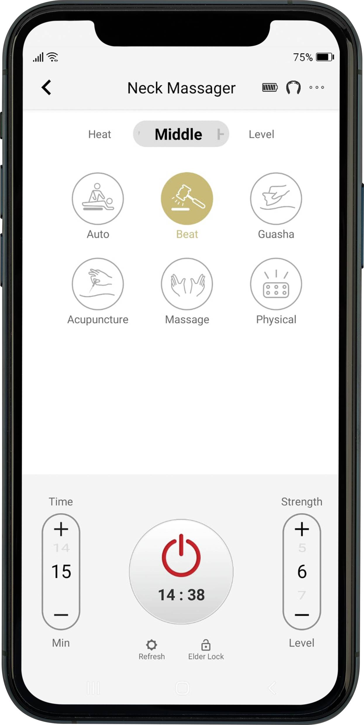 Écran de smartphone d'une application de massage cervical. Options : Chaleur, Intensité, Auto, Rythme, Guasha, Acupuncture, Massage, Physique. Minuterie et bouton de démarrage en bas.