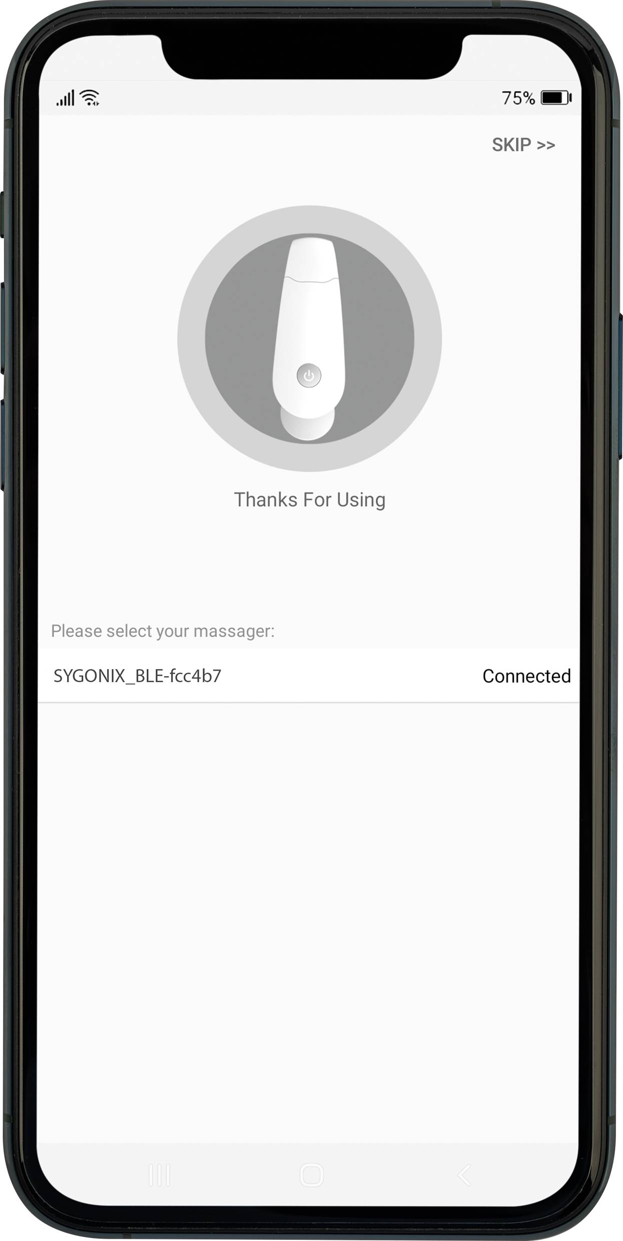 Un écran de smartphone affichant une application de contrôle d'un appareil de massage. L'appareil 'SYGONIX_BLE-fc4b7' est connecté.