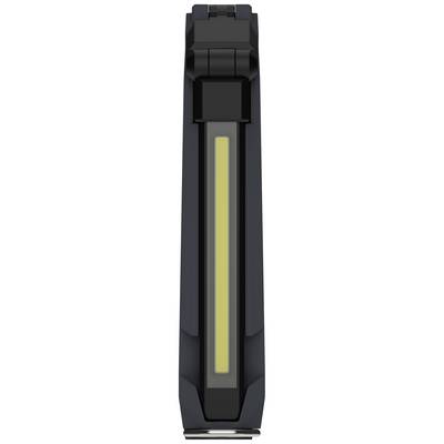 Un dispositif technique noir avec une longue bande jaune étroite au milieu, probablement une lampe de poche ou un outil.