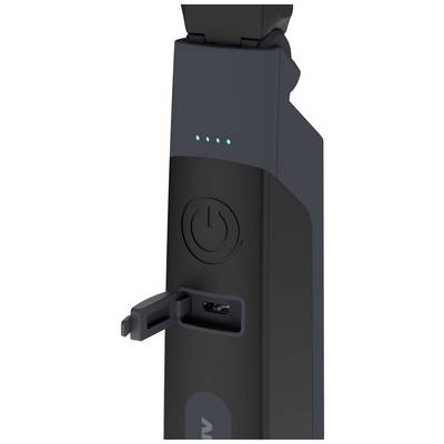 Un projecteur portable noir affiche des indicateurs LED lumineux et un port USB ouvert sur le côté, adapté pour le chargement.