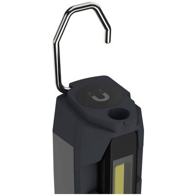 Lampe torche noire en forme de crochet, dotée d'un aimant sur le dessus, idéale pour être suspendue ou fixée sur des surfaces métalliques.