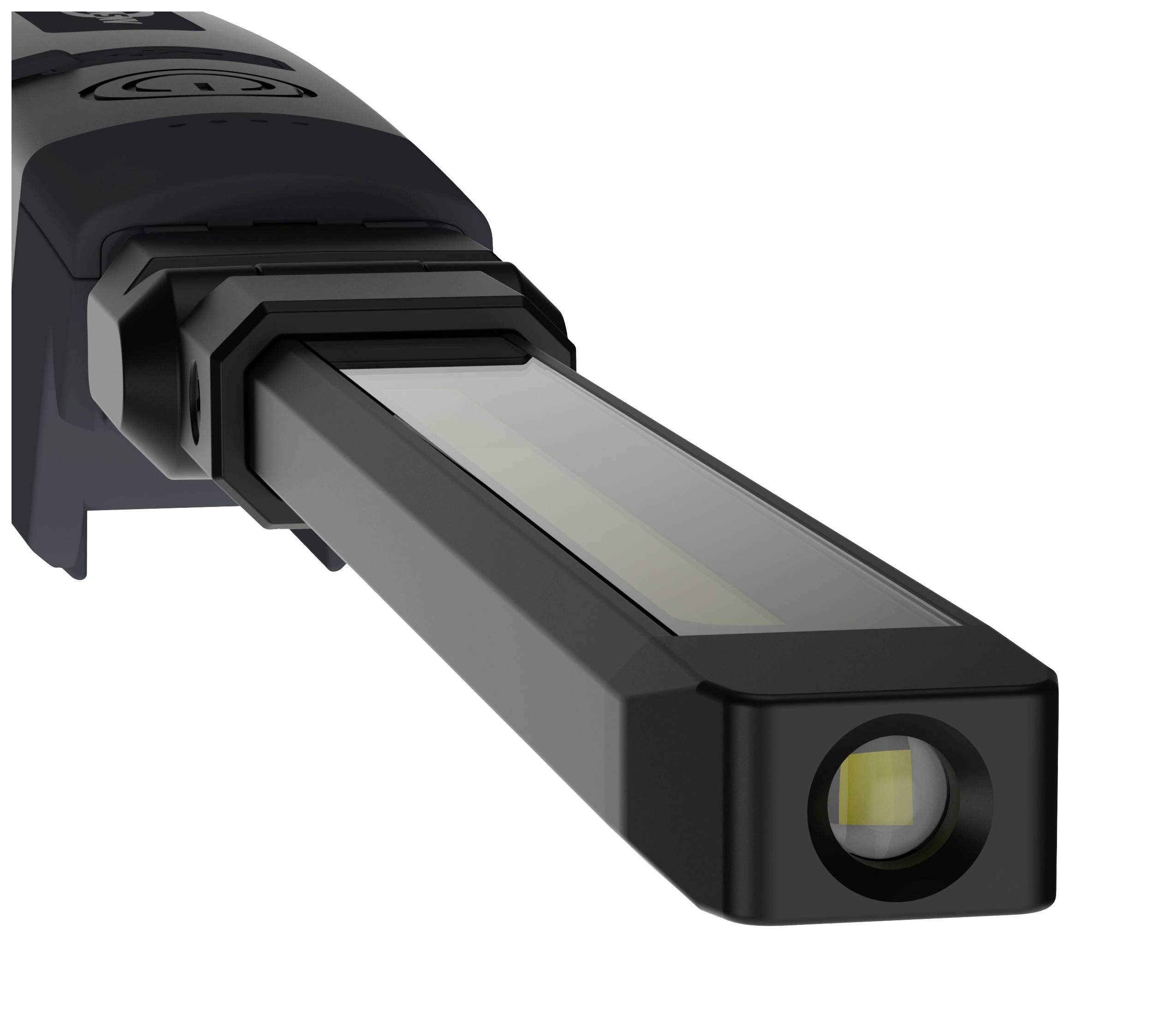 Lampe de poche LED avec corps lumineux rectangulaire et télescopique, déployé, adapté à diverses applications.