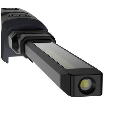 Lampe de poche LED avec corps lumineux rectangulaire et télescopique, déployé, adapté à diverses applications.