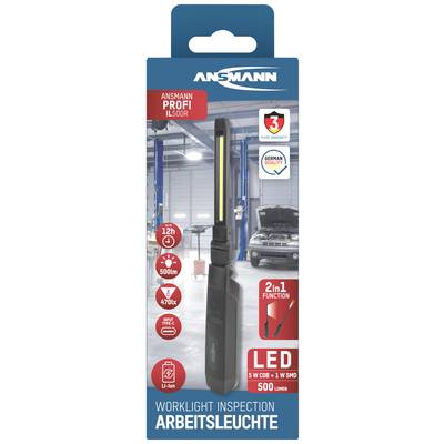 Projecteur de travail LED Ansmann présenté dans un atelier. Texte : '12h', '500lm', '4700K', '5W COB + 1W SMD', 'Fonction 2 en 1'