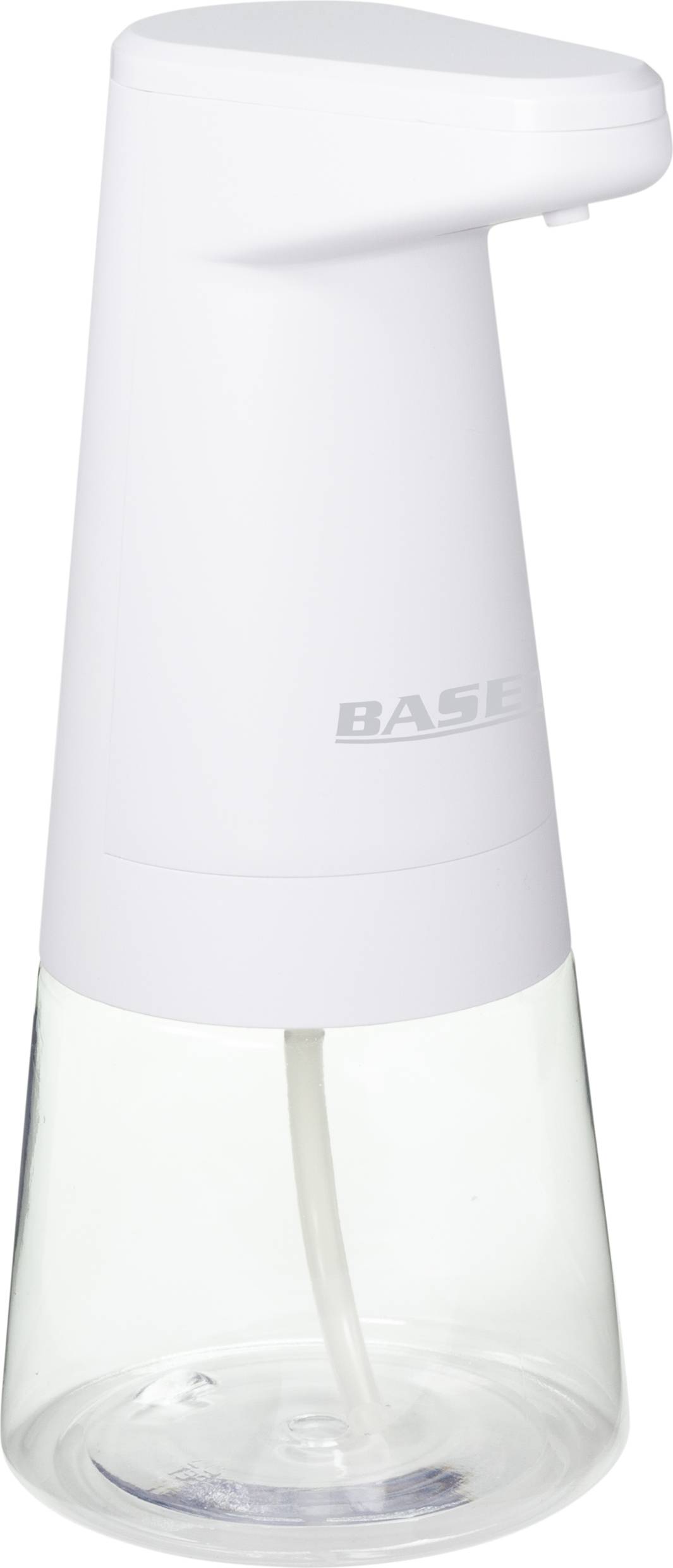 Distributeur de savon automatique blanc avec réservoir transparent à la base. Adapté pour le savon liquide dans les salles de bain ou les cuisines.