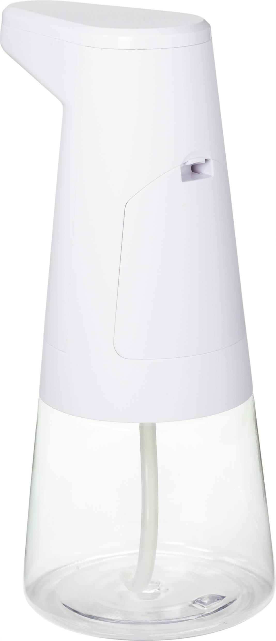 Distributeur de savon automatique en blanc, de forme allongée avec base transparente. Adapté pour la désinfection des mains sans contact.