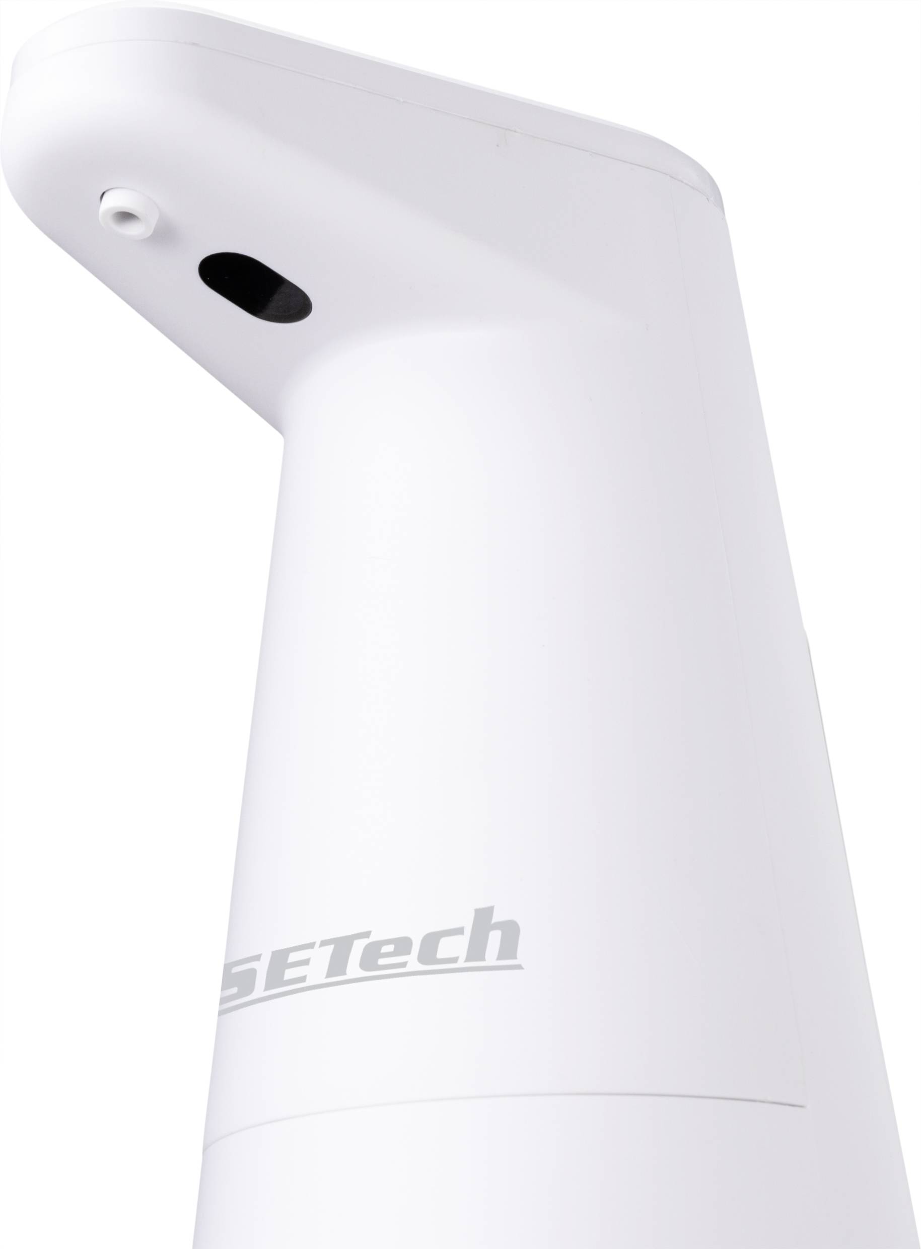 'Distributeur automatique blanc avec capteur, marque SETech, pour la distribution sans contact de savon ou de désinfectant.'