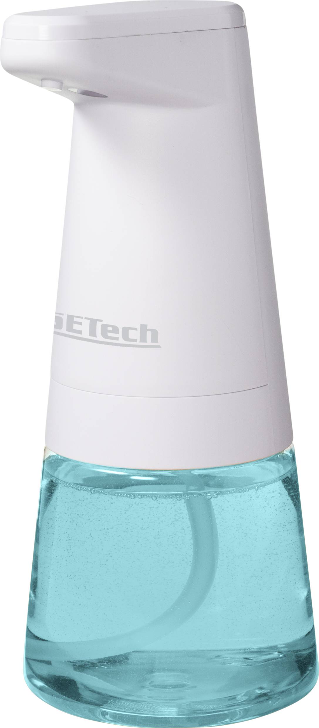 Un distributeur de savon automatique blanc avec une moitié inférieure transparente, rempli de savon liquide bleu.