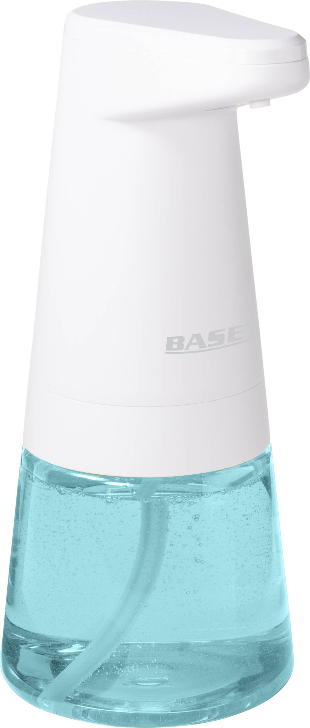 Distributeur de savon automatique blanc avec un réservoir transparent de liquide bleu, adapté pour la désinfection des mains sans contact.