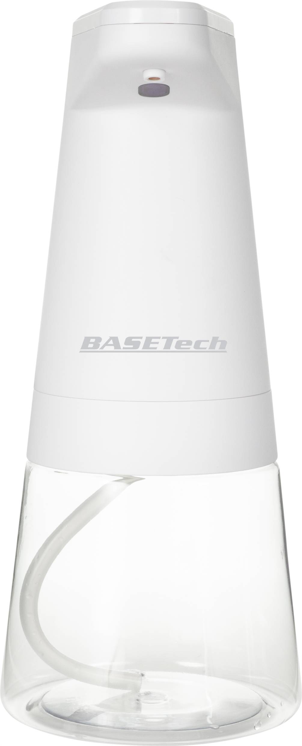 Distributeur de savon automatique en blanc, design cylindrique avec un réservoir transparent et un capteur en haut pour une utilisation sans contact.