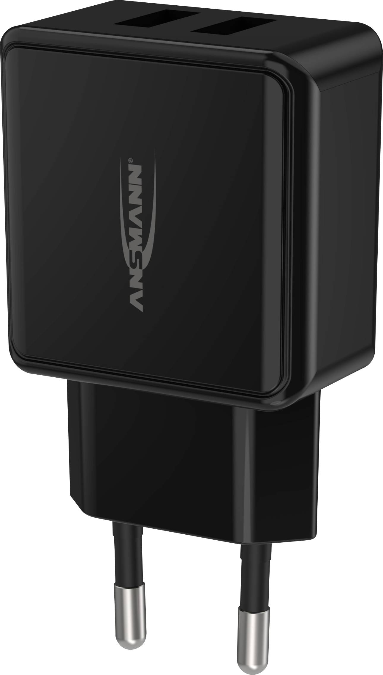 Chargeur USB noir à deux ports avec fiche européenne, adapté pour charger des appareils électroniques.