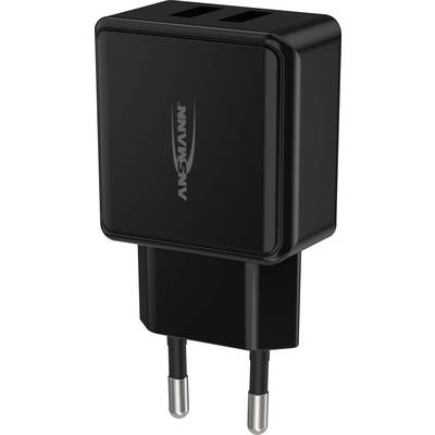 Chargeur USB noir à deux ports avec fiche européenne, adapté pour charger des appareils électroniques.