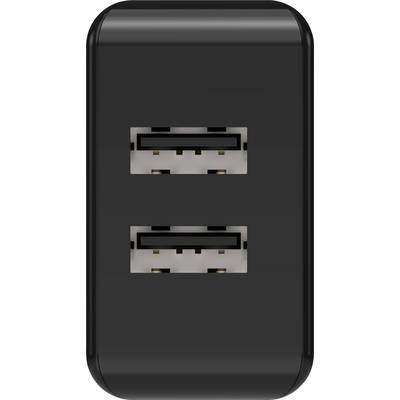 Un appareil noir avec deux ports USB l'un au-dessus de l'autre, probablement un chargeur ou un adaptateur.