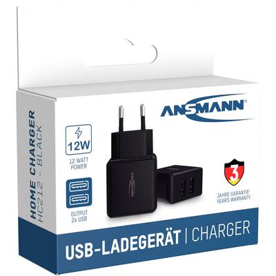 Chargeur USB noir avec deux ports USB et une puissance de 12 watts. L'emballage indique une garantie de 3 ans et la marque Ansmann.
