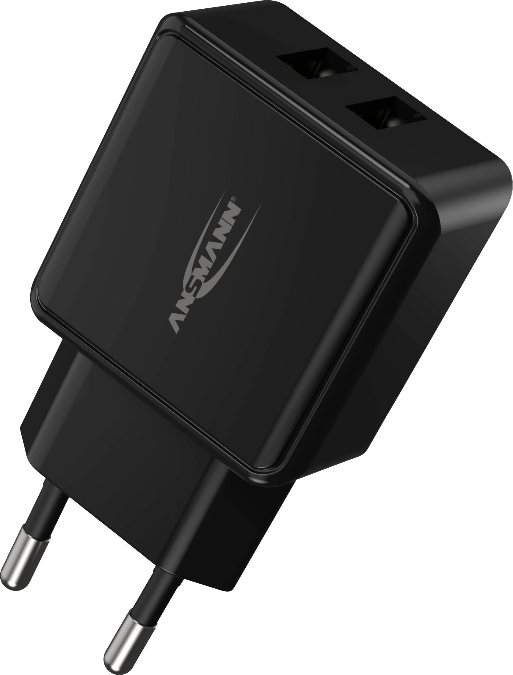 Chargeur noir avec deux ports USB et une fiche européenne.
