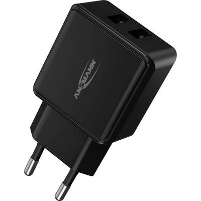 Chargeur noir avec deux ports USB et une fiche européenne.