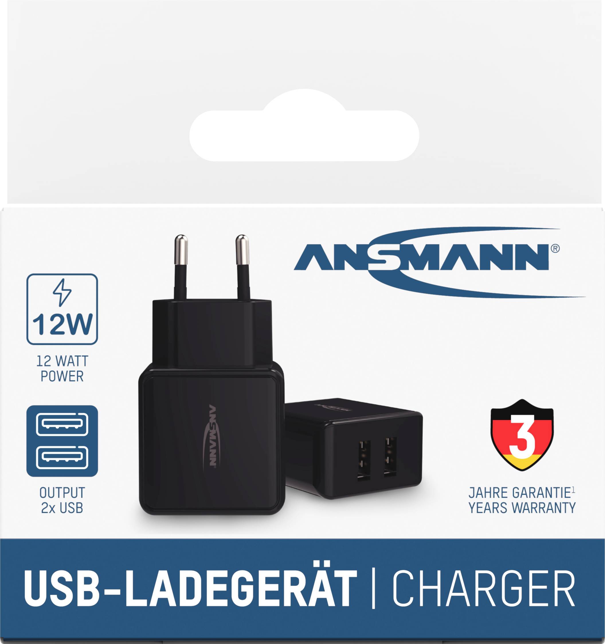 Chargeur USB, puissance de 12W, avec deux sorties USB. L'emballage indique une garantie de 3 ans, marqué par un bouclier rouge.