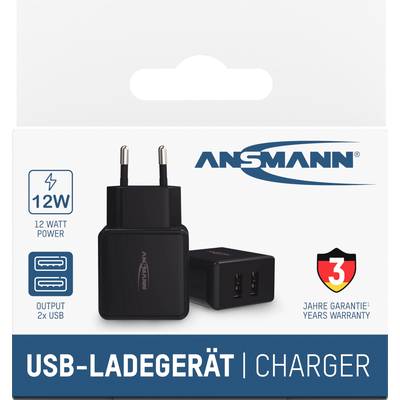 Chargeur USB, puissance de 12W, avec deux sorties USB. L'emballage indique une garantie de 3 ans, marqué par un bouclier rouge.