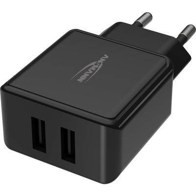 Chargeur USB noir avec deux ports USB et fiche européenne, adapté à la charge d'appareils électroniques.