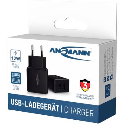 Chargeur USB noir avec deux ports USB, puissance de 12 watts. L'emballage indique une garantie de 3 ans et le logo de la marque.