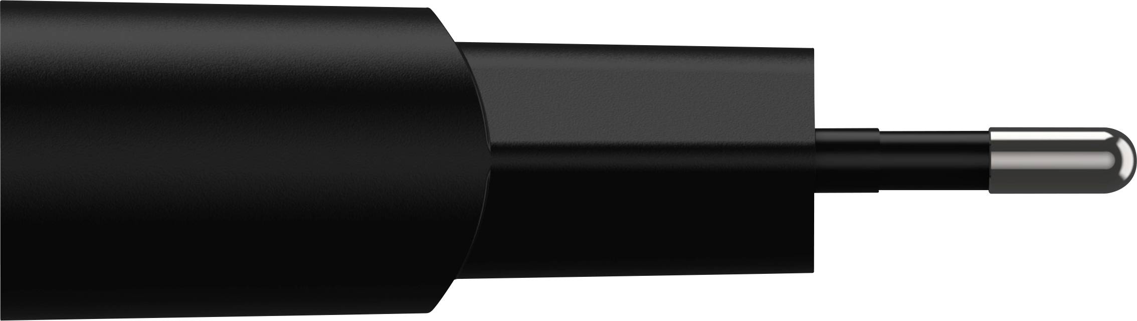 Un adaptateur secteur noir avec une pointe métallique arrondie, typique des chargeurs pour petits appareils électroniques.