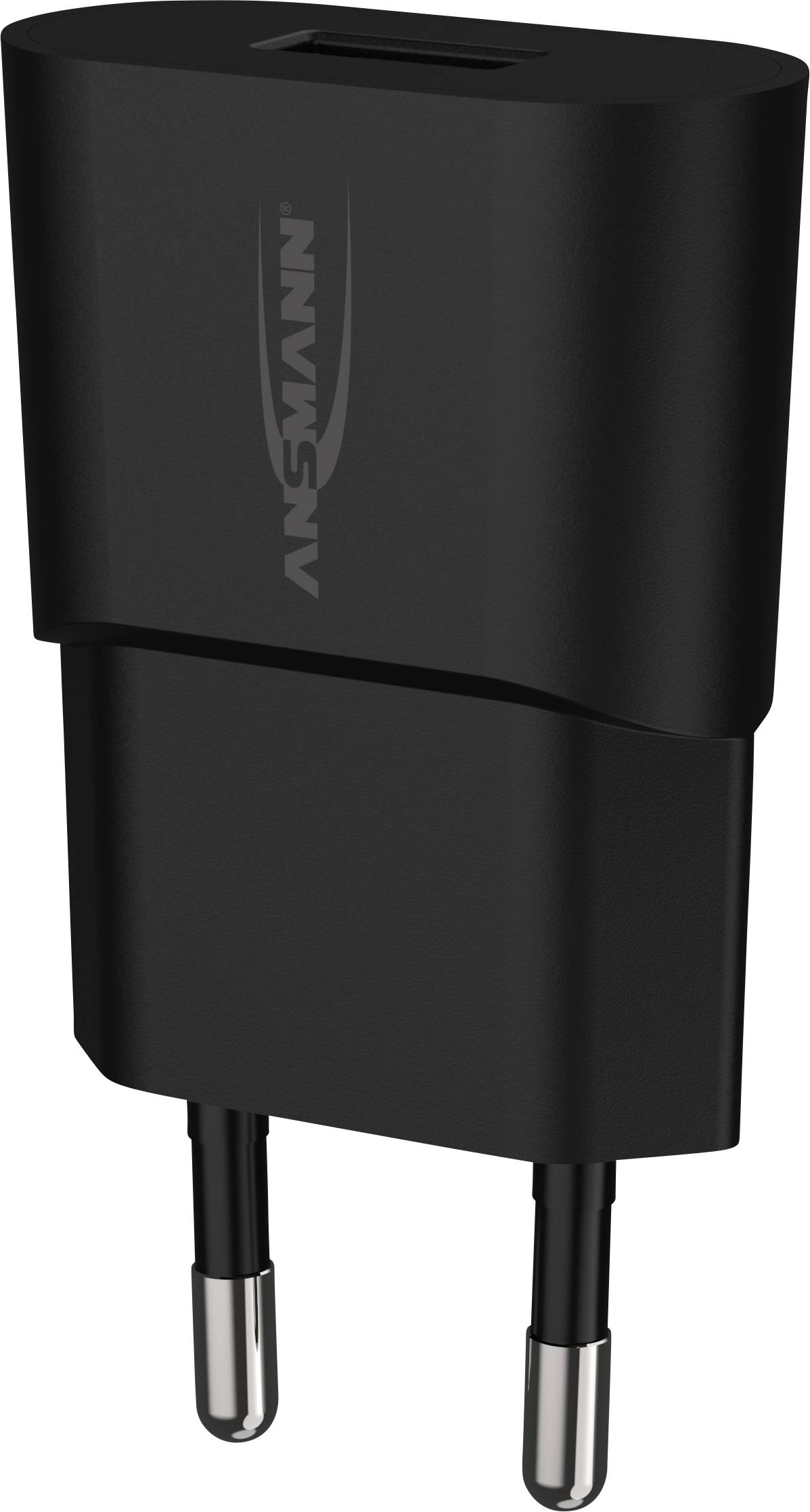 Un chargeur noir à deux broches et un port USB en haut, adapté aux prises électriques européennes.