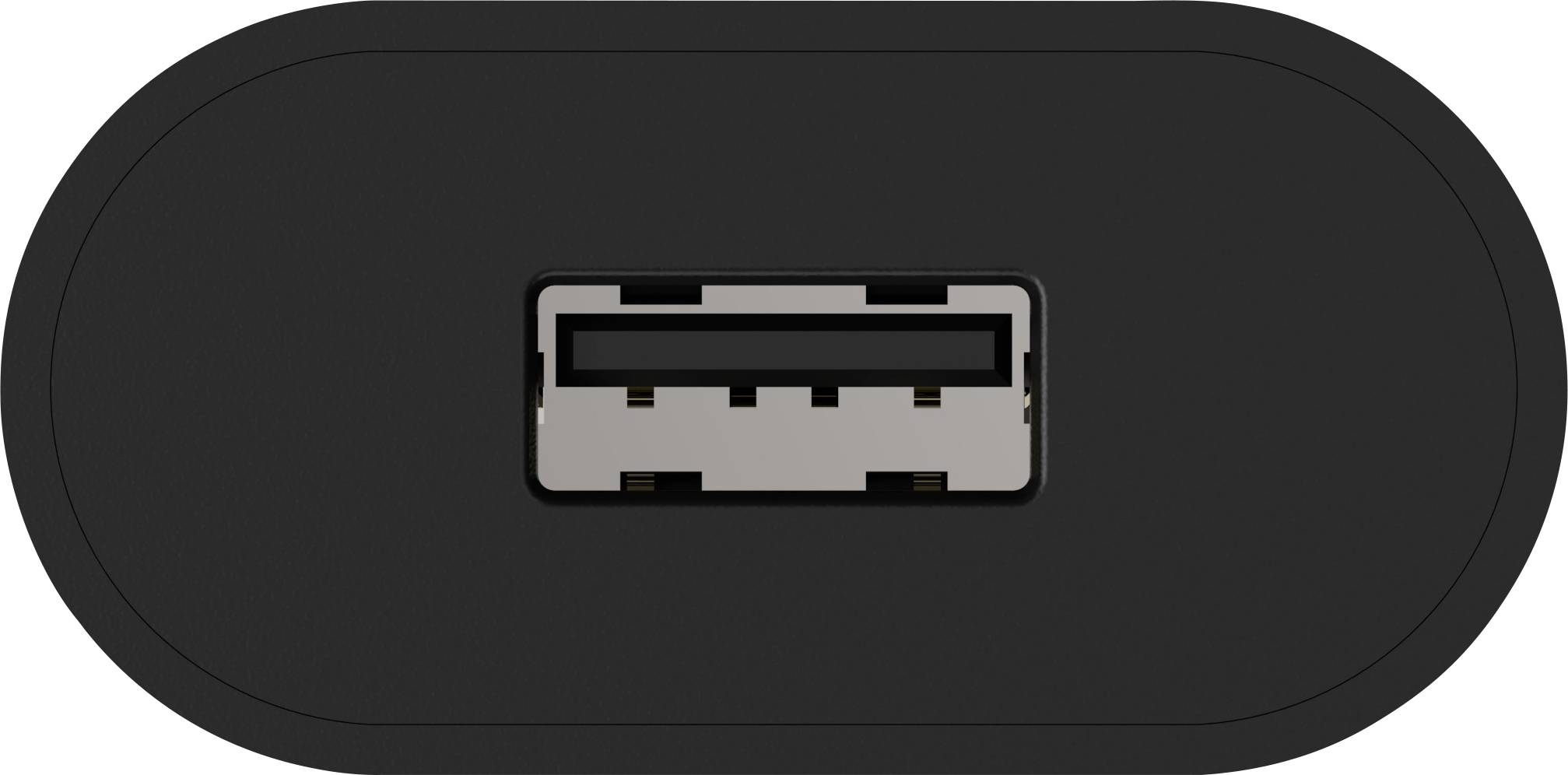 Port USB noir sur un fond sombre, vue de face.