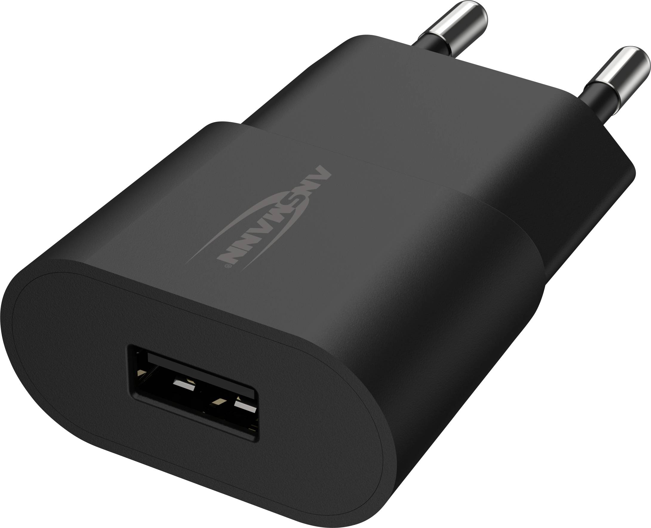Chargeur USB noir avec fiche européenne et un port USB pour charger des appareils électroniques.