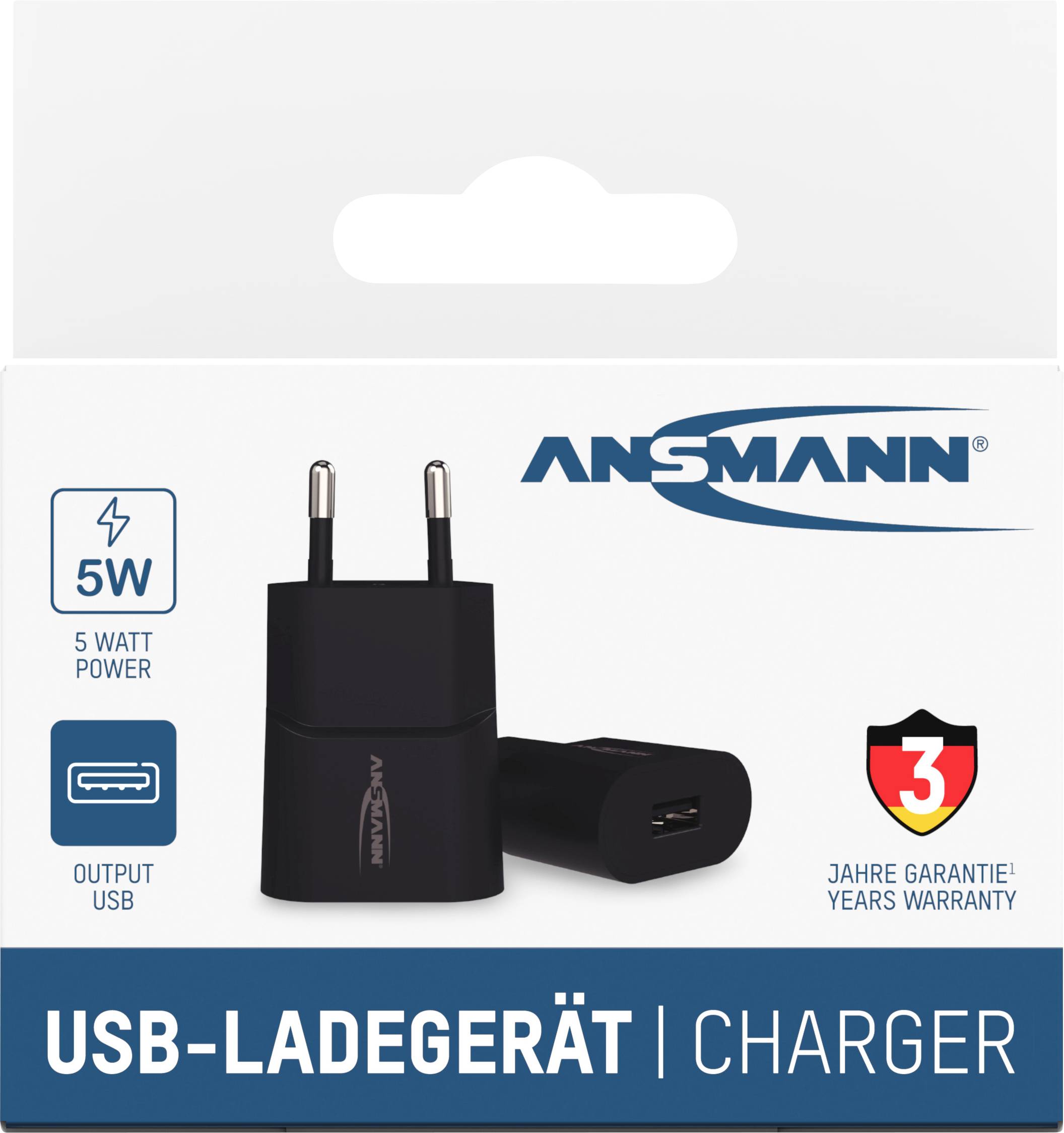 Chargeur USB d'Ansmann avec une puissance de 5 watts. Comprend une garantie de 3 ans. Adapté pour une sortie USB.
