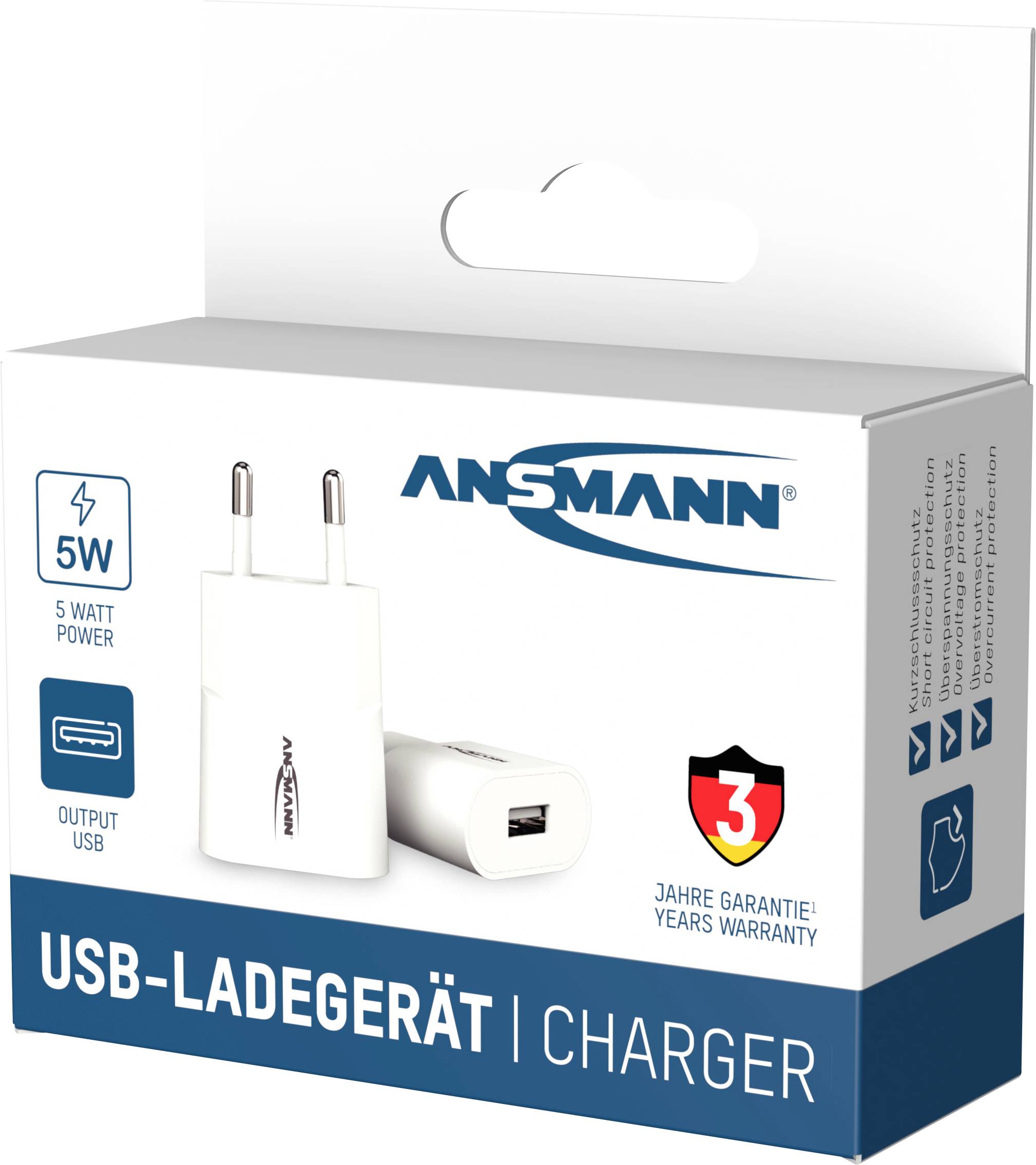 Chargeur USB dans un emballage blanc avec fiche européenne. Inscription : '5W', '3 ans de garantie', 'Chargeur USB'.