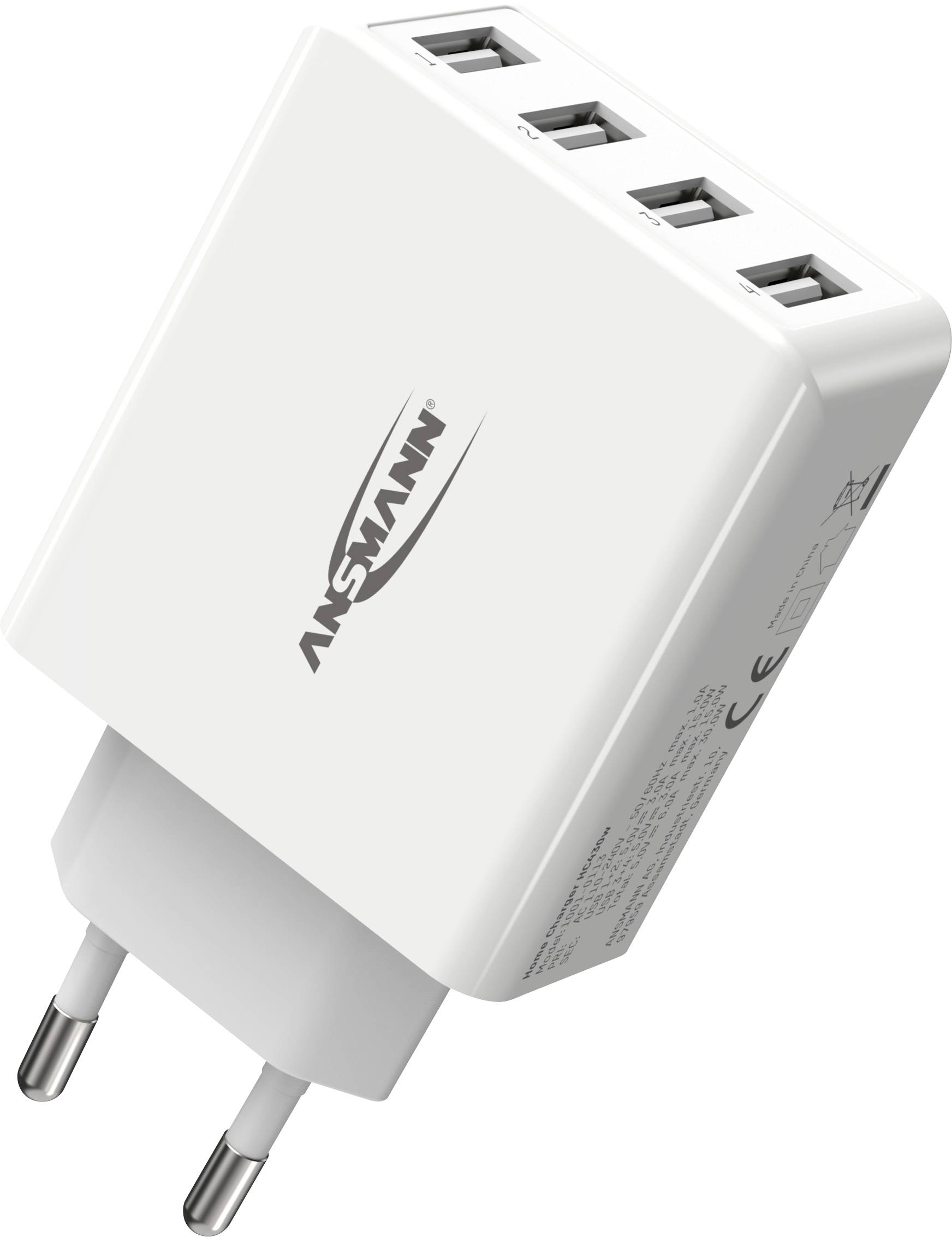 Un chargeur USB blanc avec quatre ports USB et une fiche européenne, adapté pour charger simultanément plusieurs appareils.