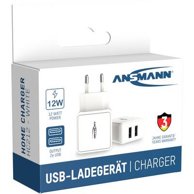Emballage en carton d'un chargeur USB Ansmann avec deux ports USB, puissance de 12 watts, et garantie de 3 ans.