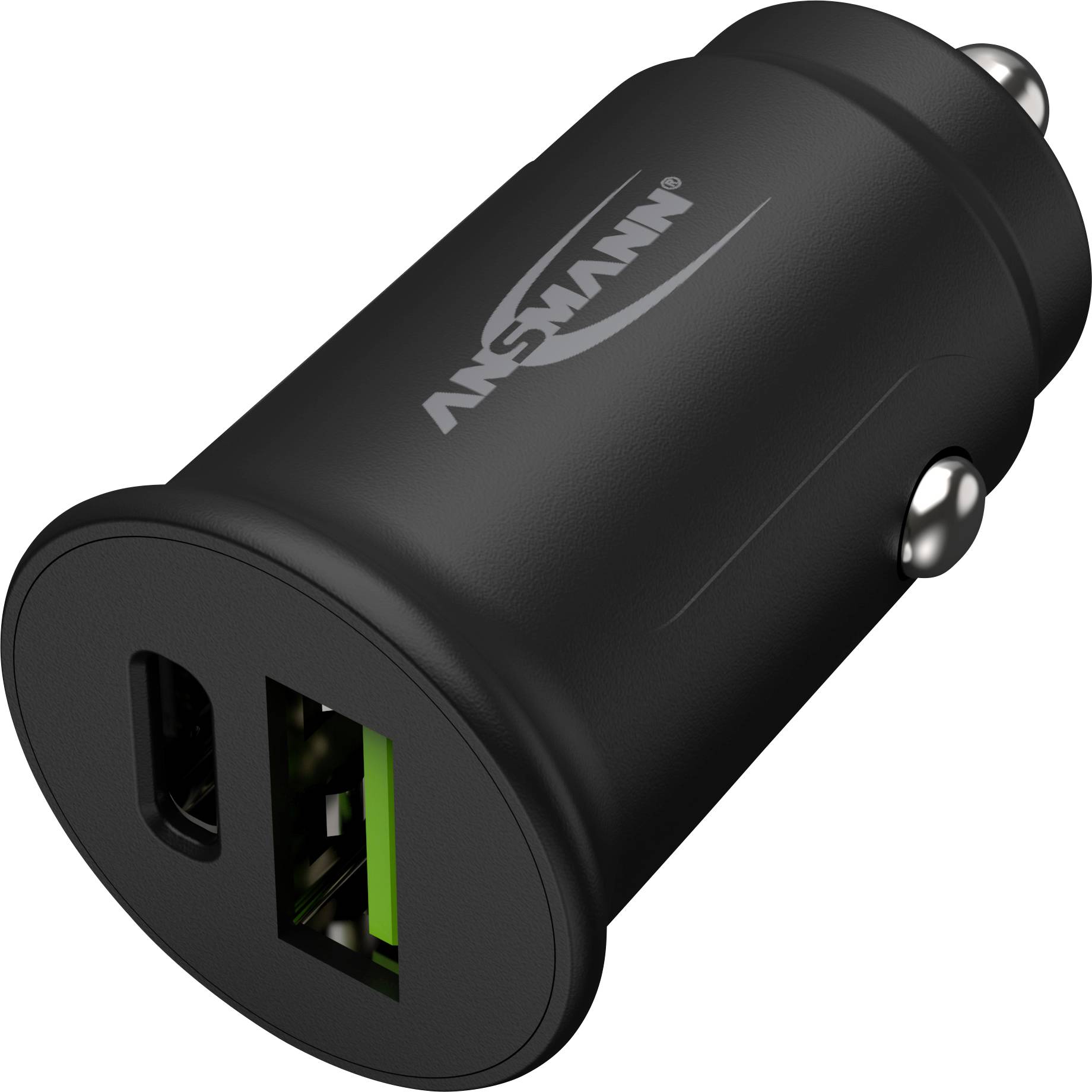 Chargeur de voiture noir avec deux ports USB, dont un est mis en valeur en vert ; le logo de la marque est visible sur le côté.