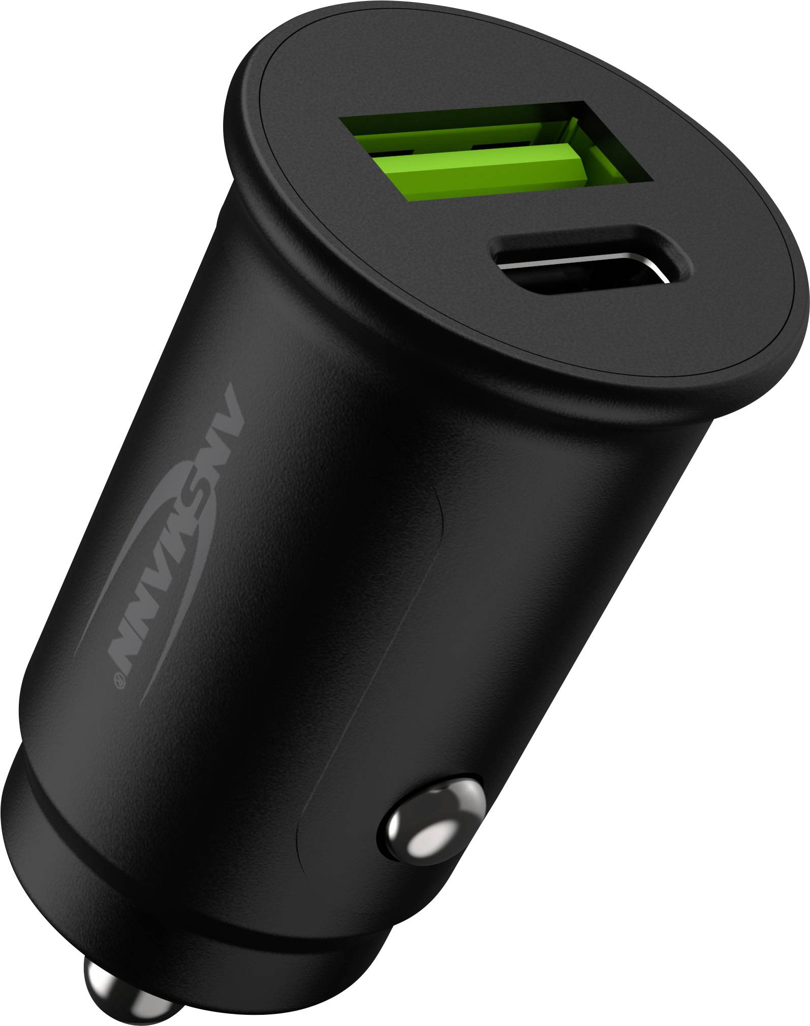 Un chargeur de voiture USB noir avec un port USB-C et un port USB-A, conçu pour charger des appareils pendant les déplacements.
