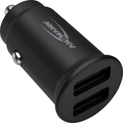 Chargeur de voiture noir avec deux ports USB et des détails argentés, adapté à l'allume-cigare du véhicule.