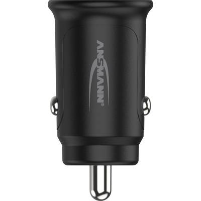 Adaptateur de voiture noir avec fiche argentée et logo 'Ansmann' au centre, conçu pour les appareils USB, de conception compacte.