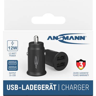 Chargeur USB 12W d'Ansmann illustré sur l'emballage, doté de deux ports USB, adapté à la prise allume-cigare, garantie de 3 ans.