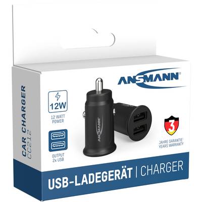 Chargeur de voiture USB d'Ansmann avec deux ports USB et une puissance de 12 watts. L'emballage présente le chargeur noir. Garantie de 3 ans.