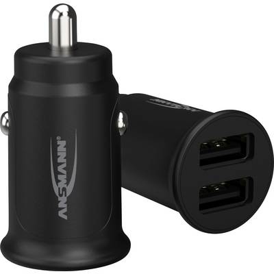 Adaptateur de charge de voiture noir Ansmann avec deux ports USB, conçu pour charger des appareils électroniques dans un véhicule.