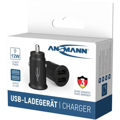 Boîte contenant un chargeur de voiture USB de 12W d'Ansmann, présentant un chargeur à deux ports USB, avec une garantie de 3 ans indiquée.