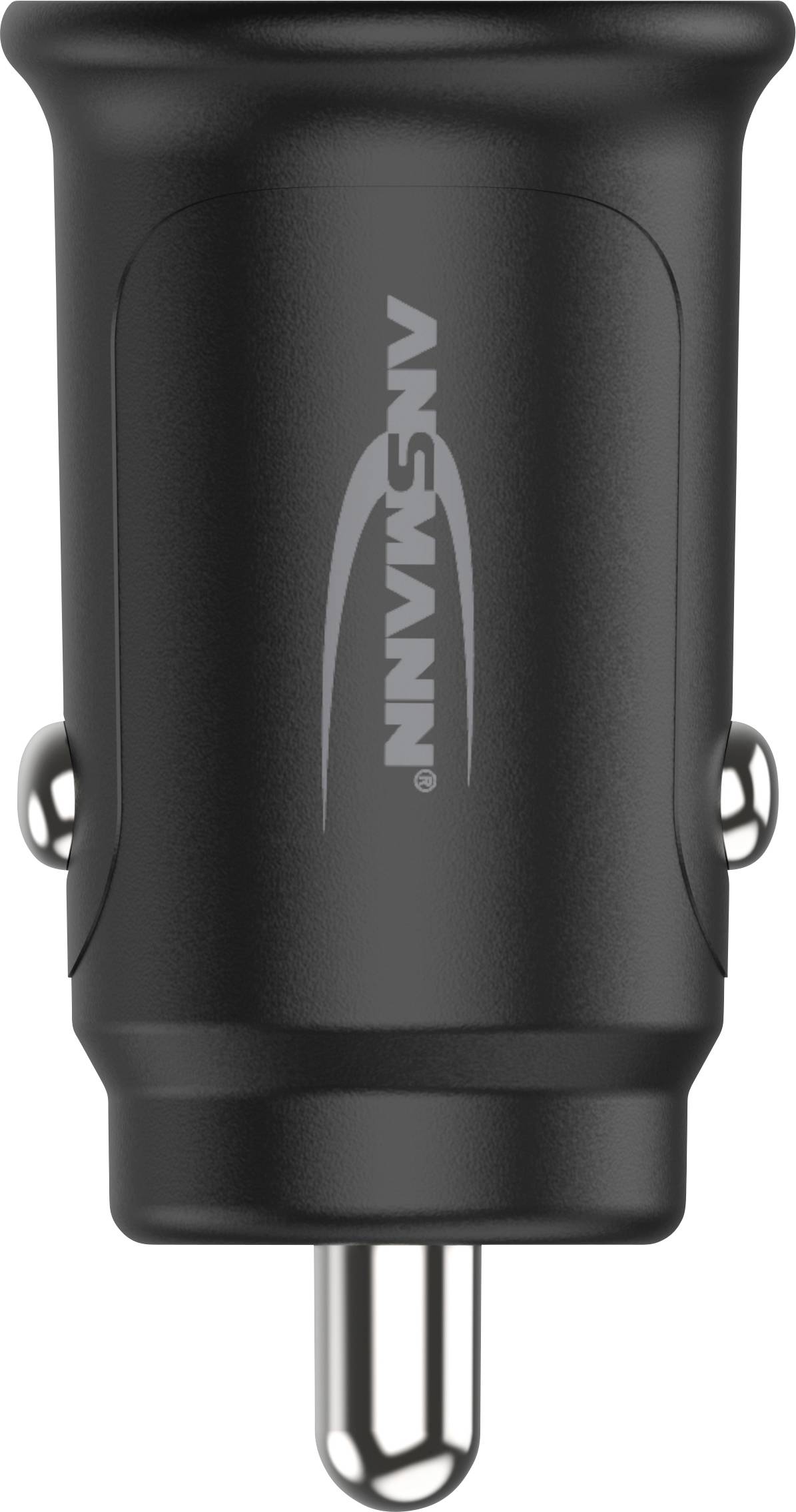Un chargeur de voiture USB noir avec des détails argentés de la marque ANSMANN.