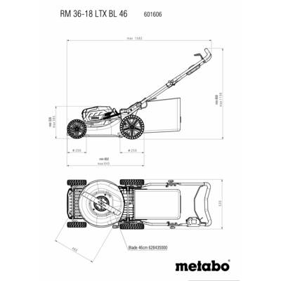 'Dessin technique d'une tondeuse à gazon Metabo RM 36-18 LTX BL 46, avec dimensions et composants vus sous deux perspectives différentes.'
