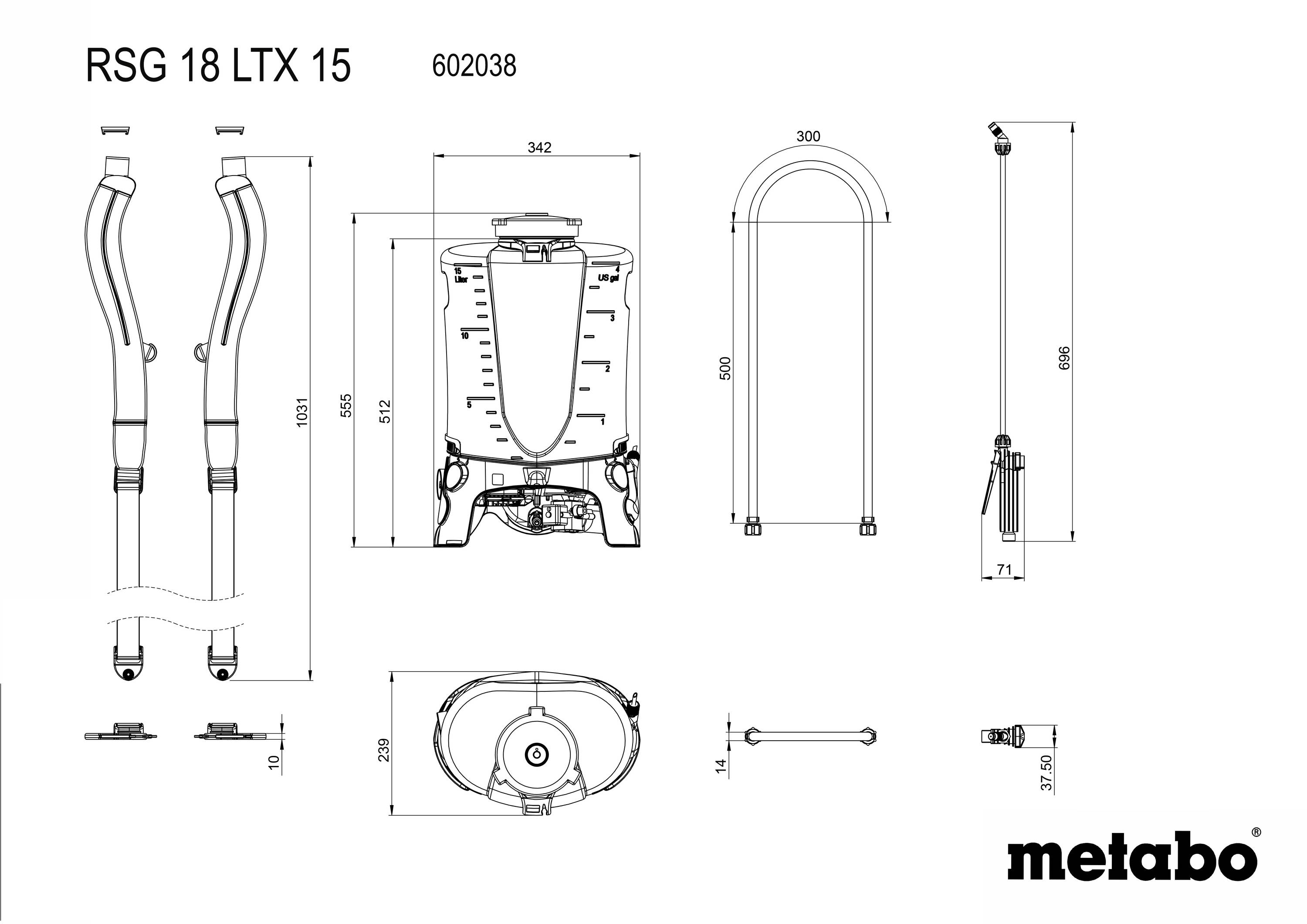 'Metabo RSG 18 LTX 15' : Dessin technique d'un pulvérisateur dorsal avec dimensions dans différentes vues, numéro de modèle 602038.