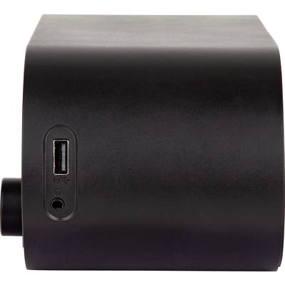 Un haut-parleur noir rectangulaire avec une connexion USB sur le côté, présenté sur une surface claire.